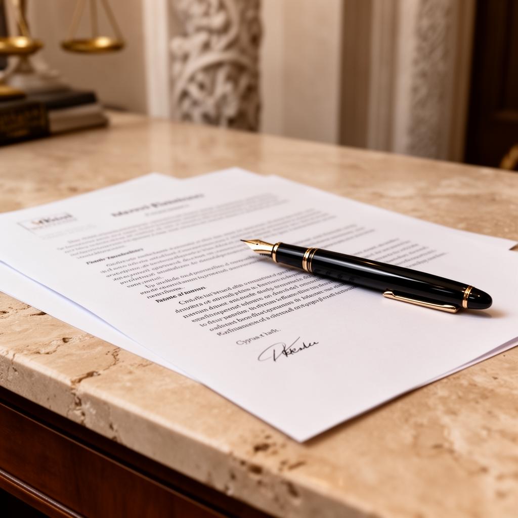 Legal documents and fountain pen on a warm stone desk